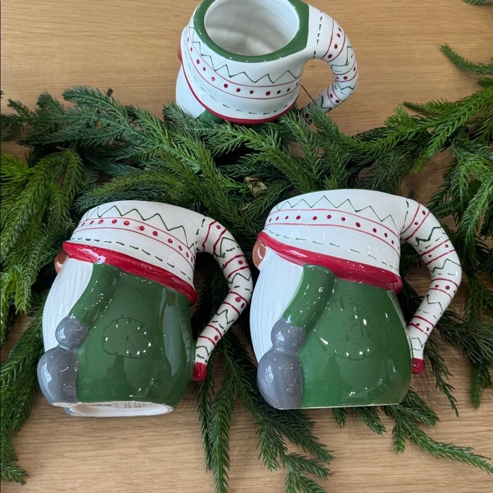 Pottery Barn Holiday 3 Gnome coffe mugs  - Green, Red, White, Gray